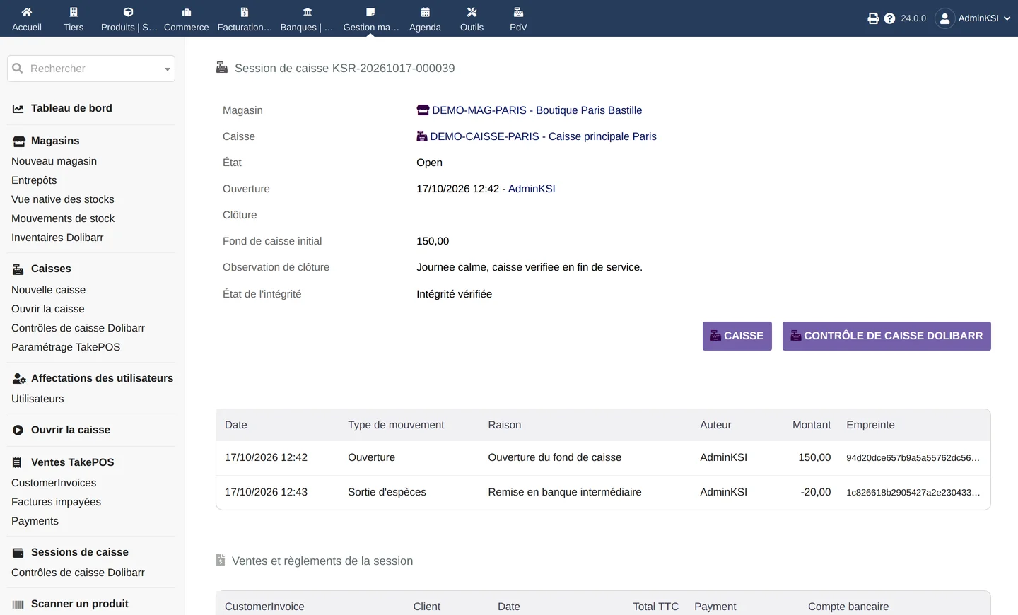 Screenshot of the Dolibarr module Store and till management software | KSIDol by KSIDol for companies and integrators - operations